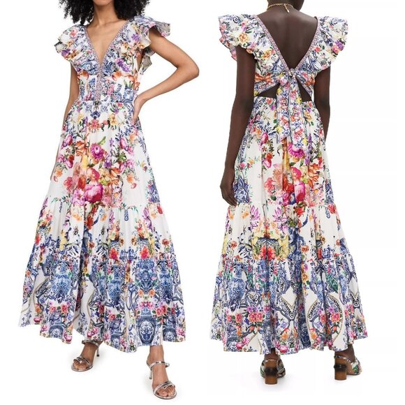 CAMILLA "Dutch Is Life" Tiered Frill Cotton V-Neck Open Back Maxi Dress, L $899 - Picture 2 of 16